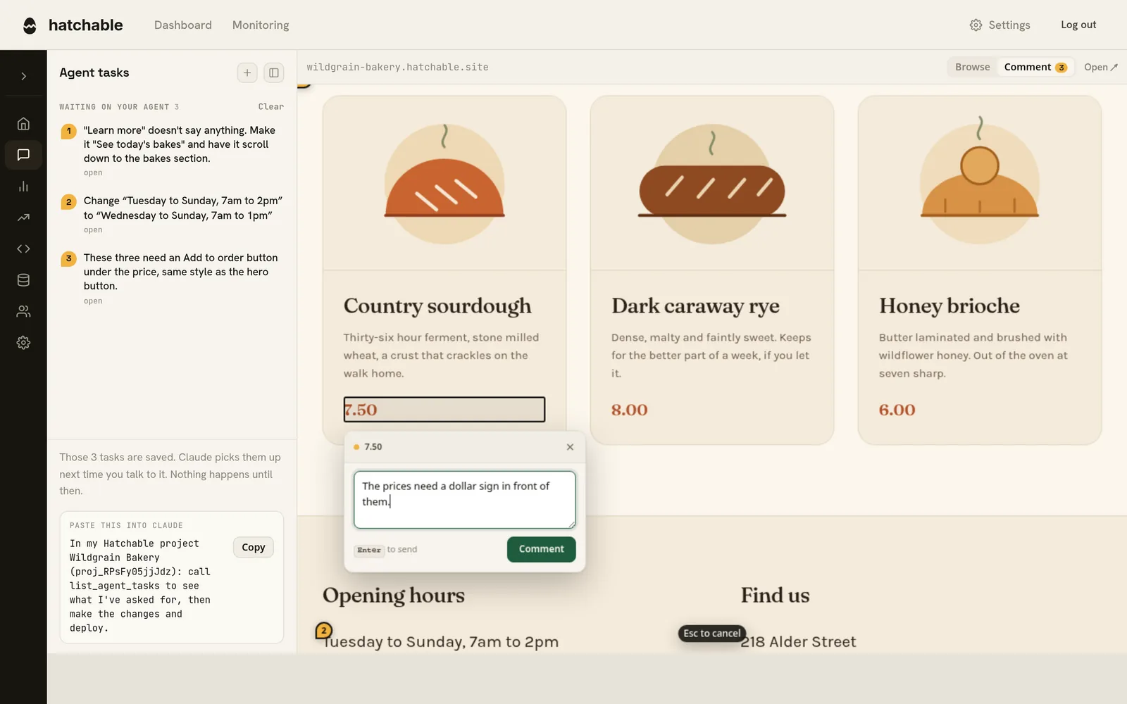 The Hatchable console with a bakery site in the canvas. A comment box is open on a price, reading “The prices need a dollar sign in front of them.” Three earlier tasks are listed on the left.