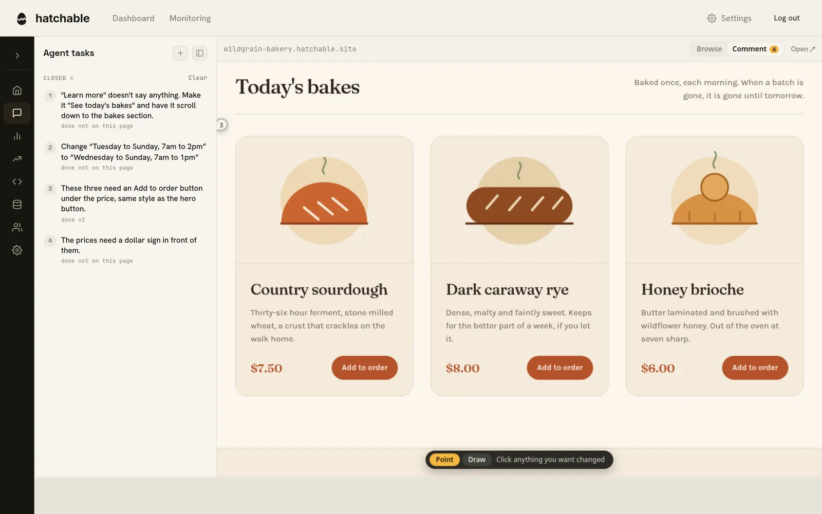 The same four tasks now grouped under “Closed”, each marked done, with the bakery cards behind them showing dollar signs and new Add to order buttons.