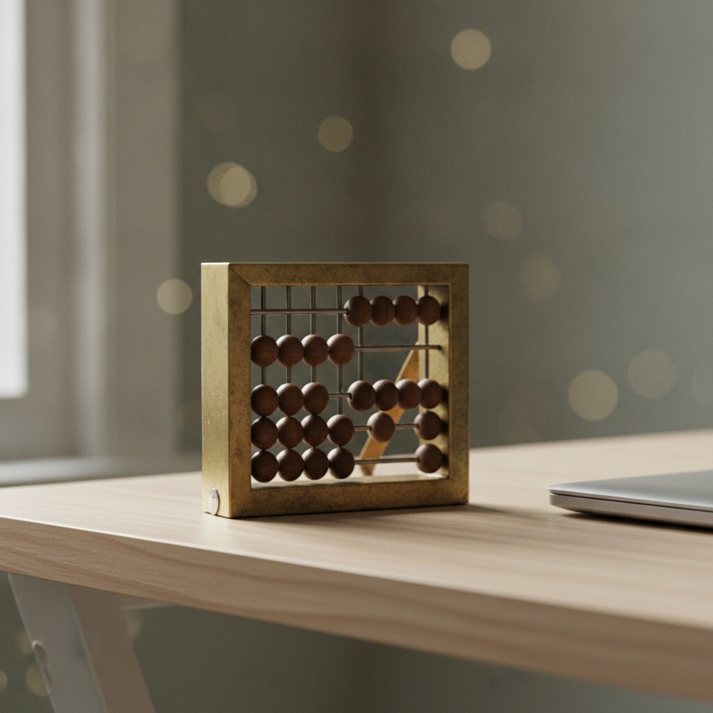 A vintage brass abacus on a modern desk beside a laptop