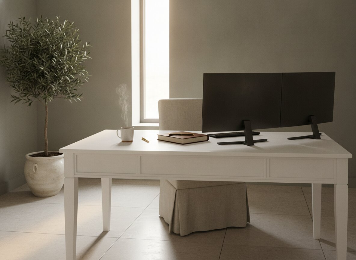 A tidy oak desk with a closed ledger and coffee at the Abacus office