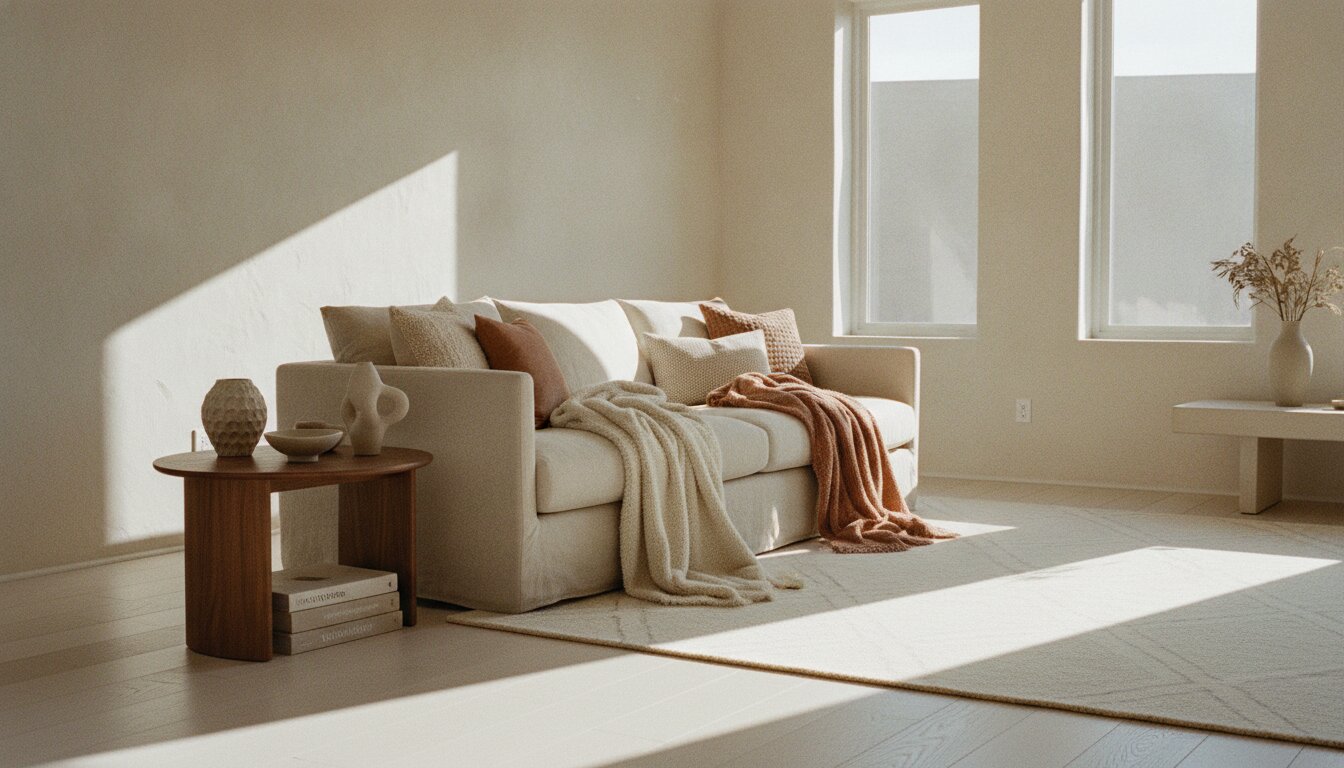 A warm living room with layered textiles, plaster walls, and afternoon light