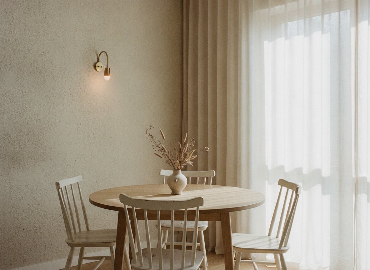 Halloran House dining corner with oak table and brass sconce
