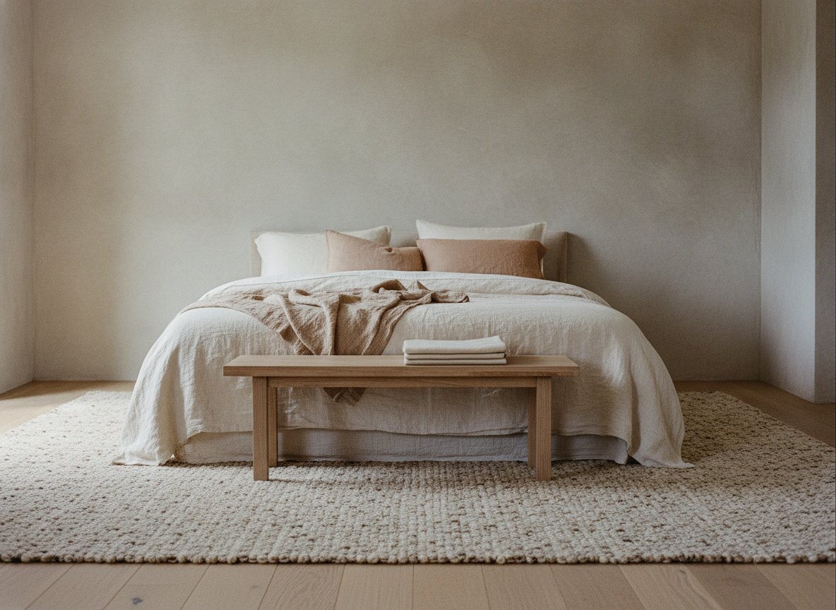 Verano Street bedroom layered in oat and clay linen