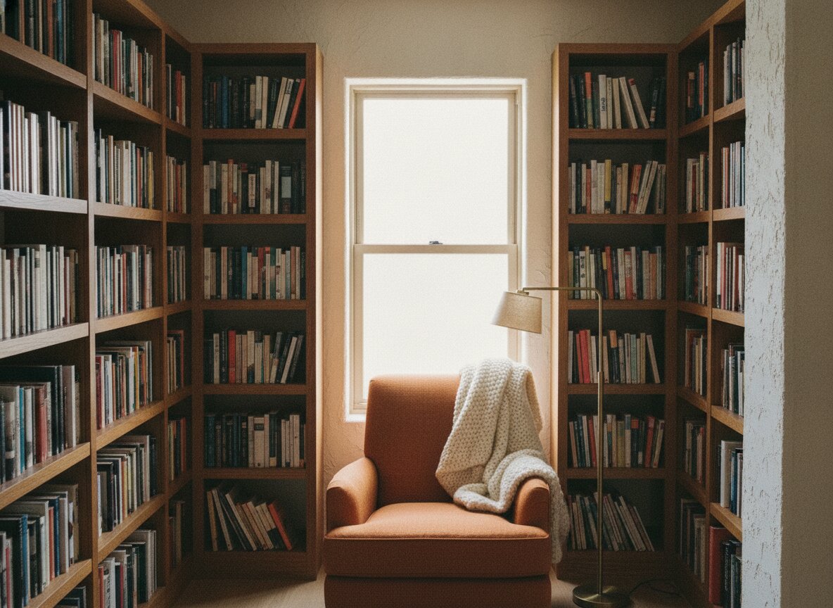 The Wren Flat reading alcove with built-in shelves and an ochre chair