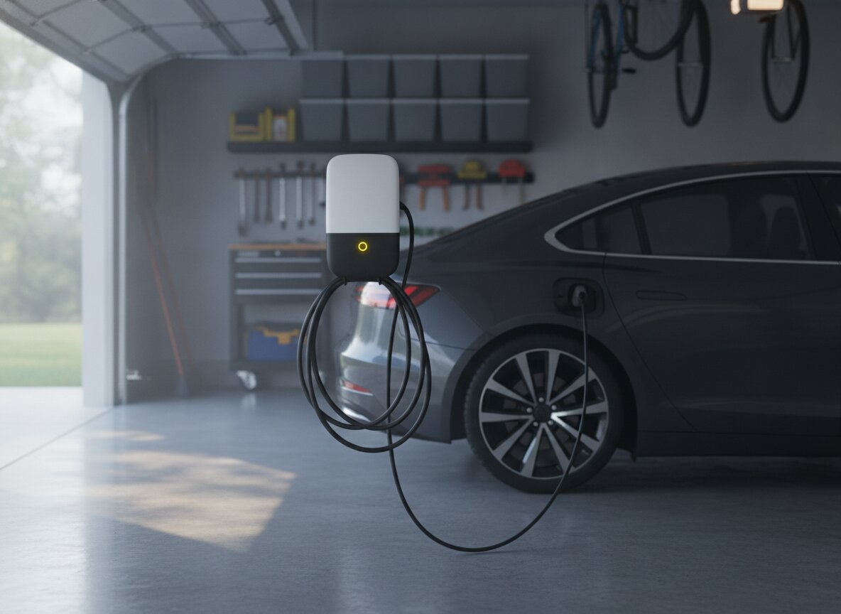 A wall-mounted Level 2 charger in a tidy garage, plugged into a car in morning light
