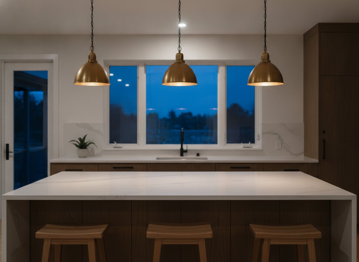 A kitchen at dusk with three newly installed pendant lights glowing over the island