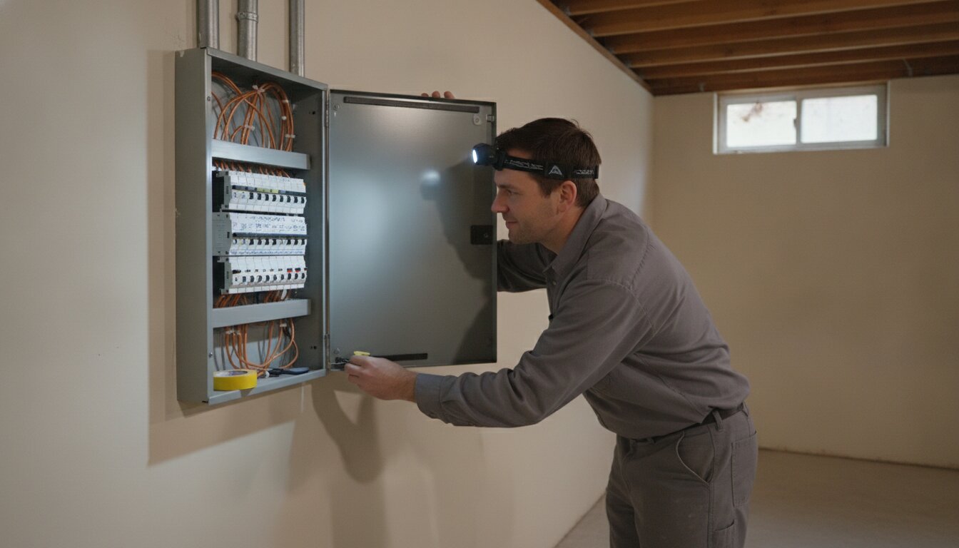 An Ampere electrician wearing a headlamp works inside an open 200-amp breaker panel in a clean basement