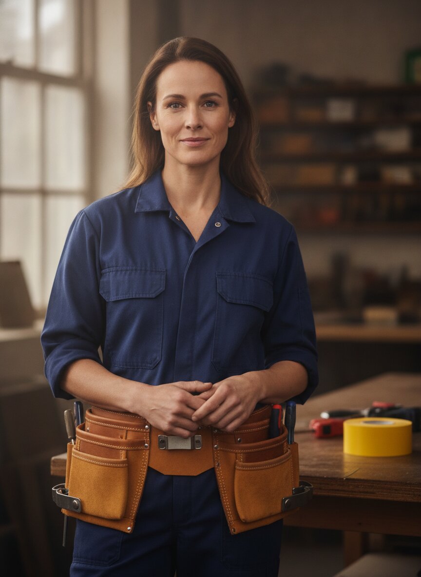 Dana Okafor, master electrician and owner of Ampere, in a tool belt