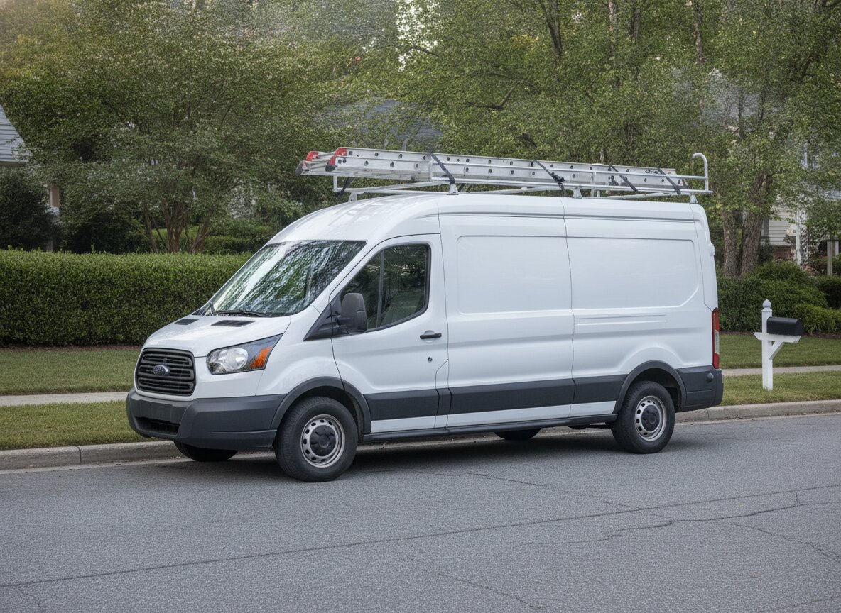 A clean white Ampere work van with a ladder rack parked on a suburban street