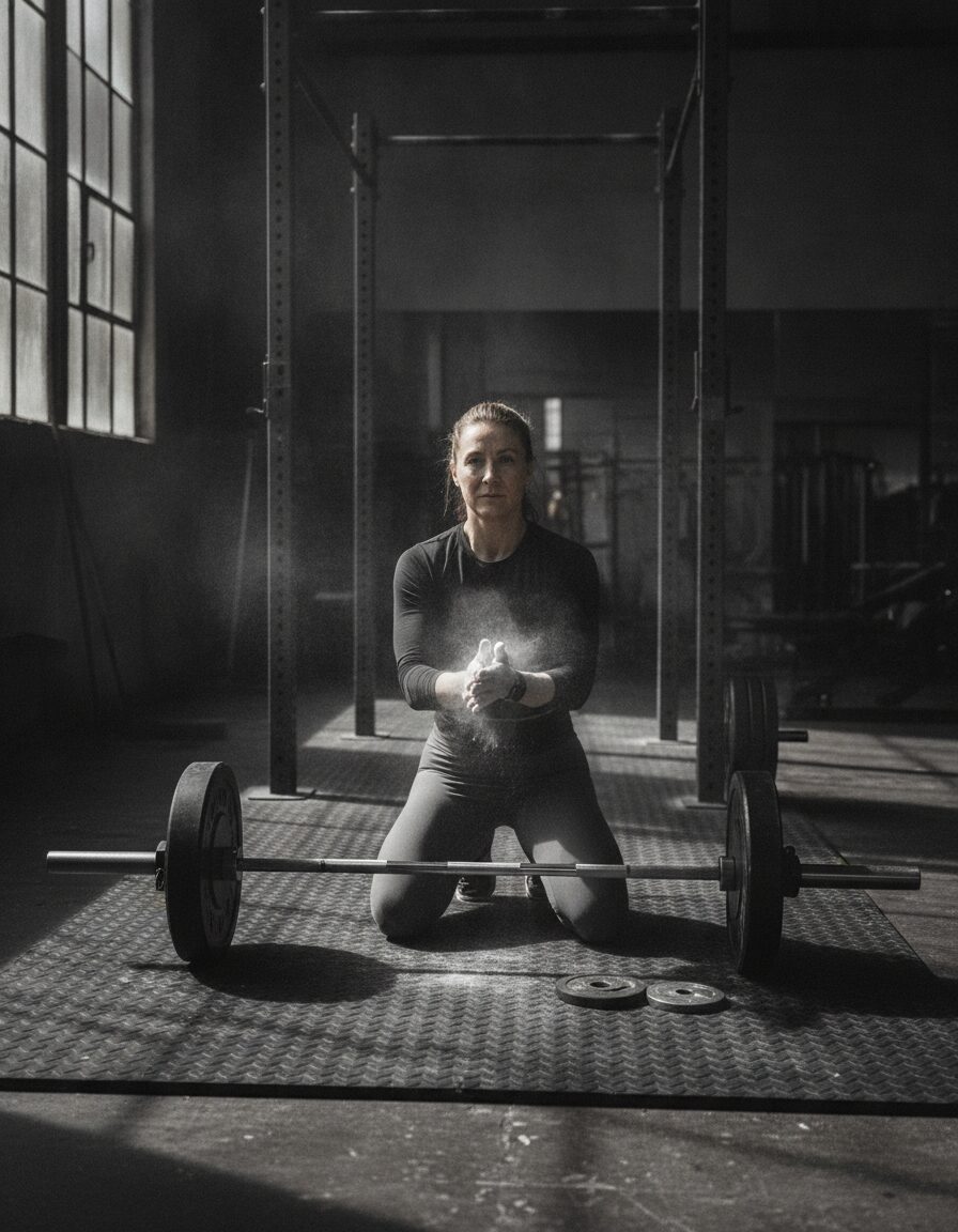 Dara Whitlock chalking her hands beside a loaded barbell