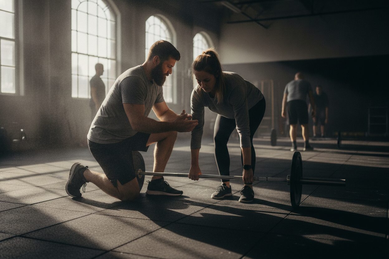 A coach kneeling beside a new member setting up a deadlift with an empty bar