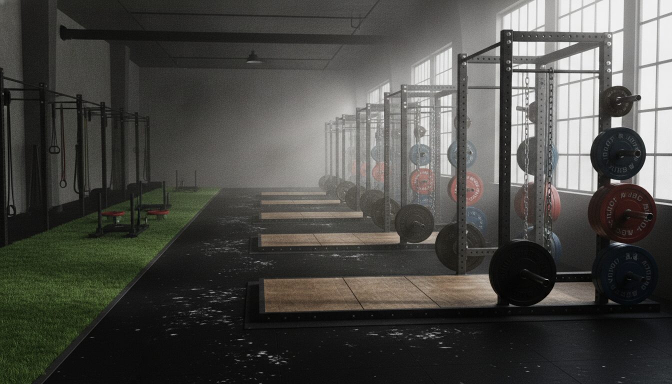The training floor at Anvil: rows of platforms and racks under tall industrial windows