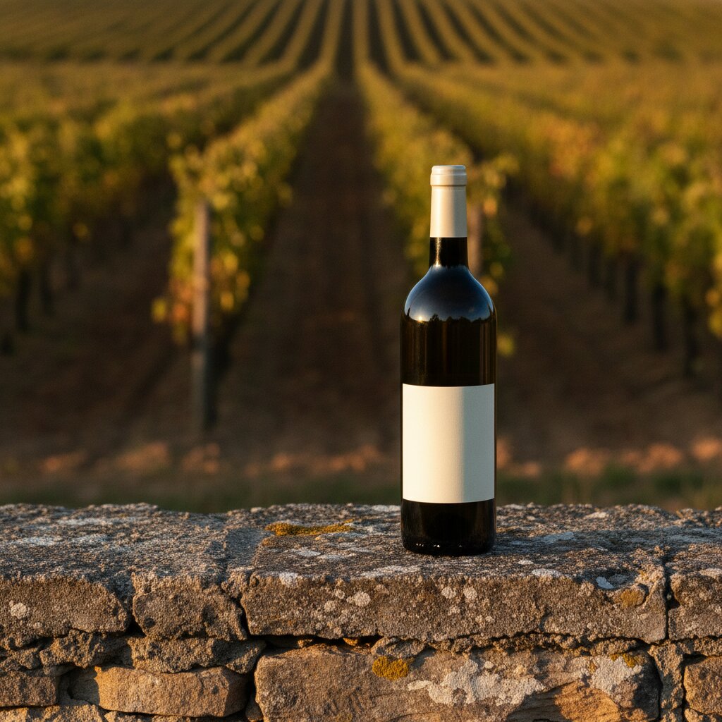 A single Arbor bottle on a stone wall, vines behind