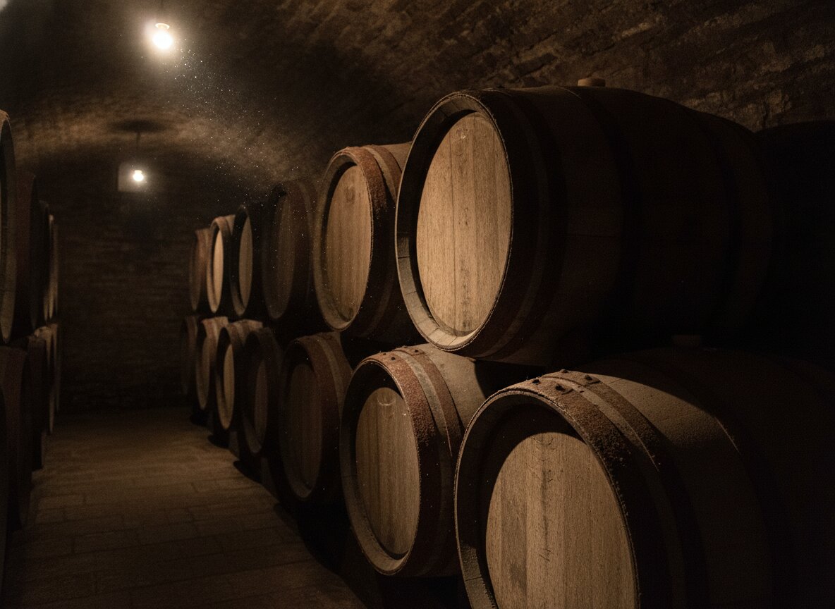 Oak barrels in the dim cellar under one warm bulb