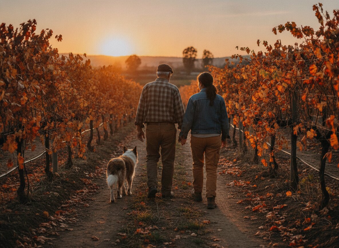Ray and Alma Marek walking a vine row at golden hour with Fig the dog