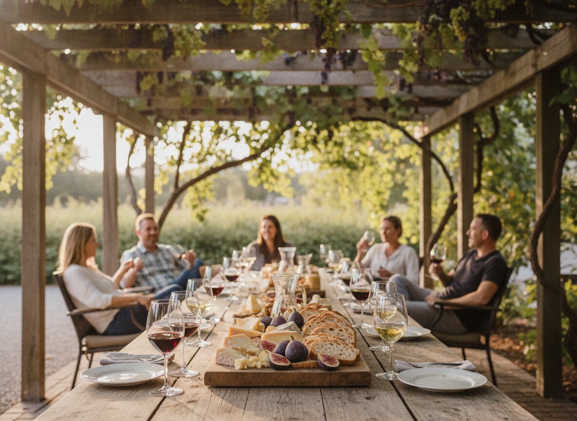 The tasting patio under the pergola in dappled light