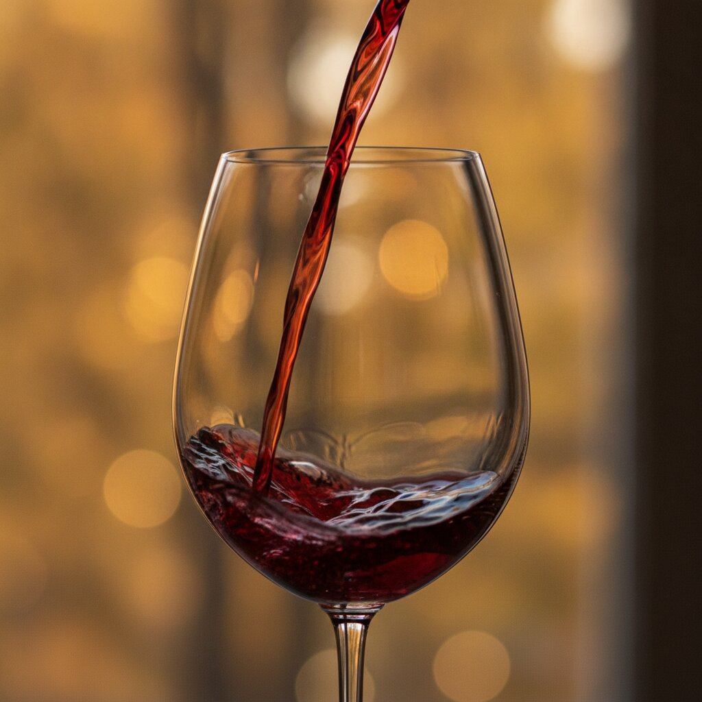 Red wine mid-pour into a glass, backlit garnet