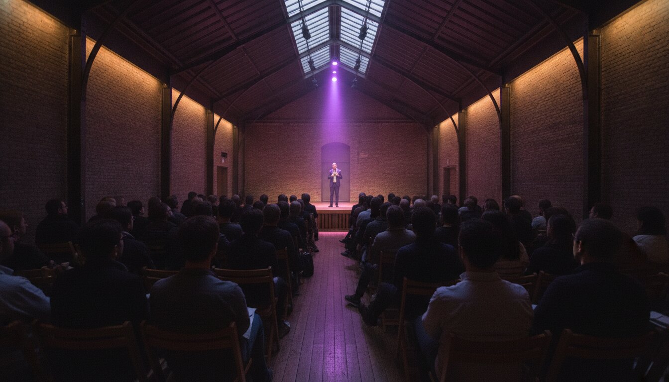 Inside Harbor Hall during a talk, one stage under a violet wash