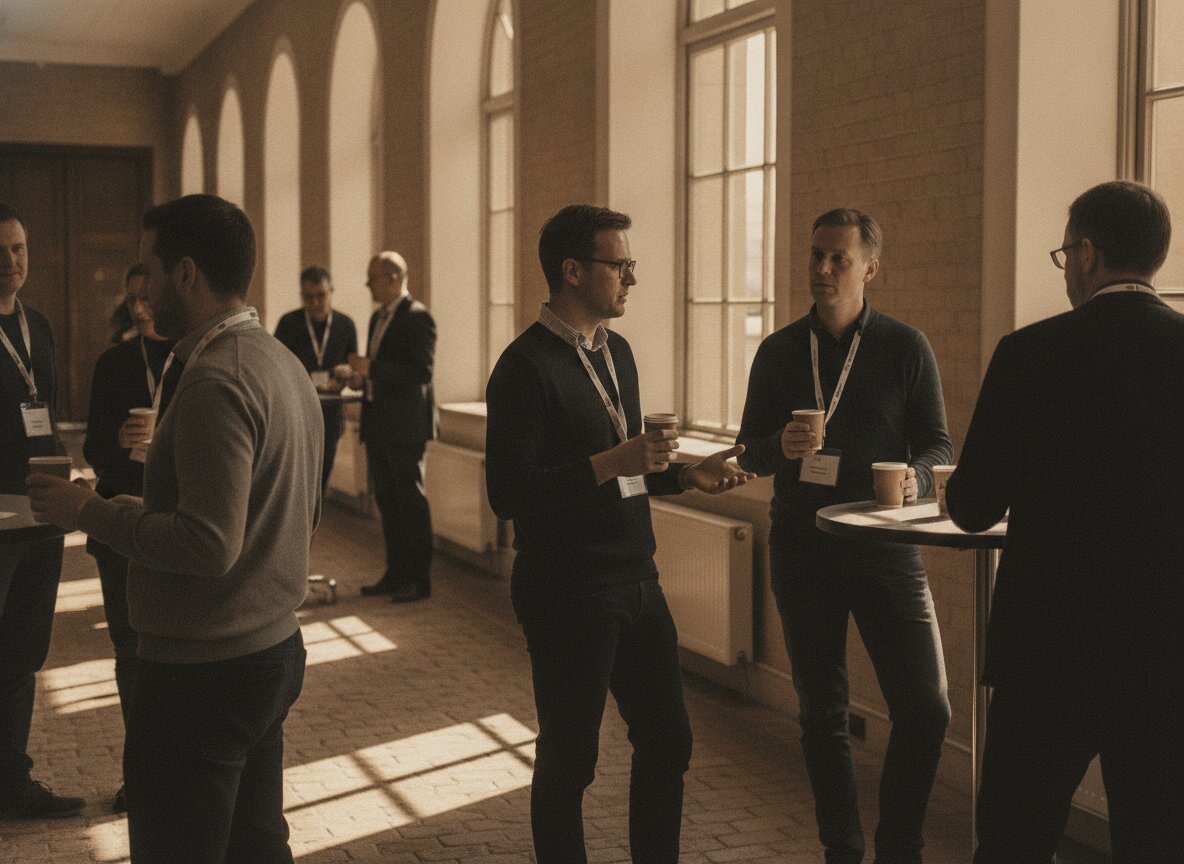 Attendees talking over coffee in the hallway between sessions