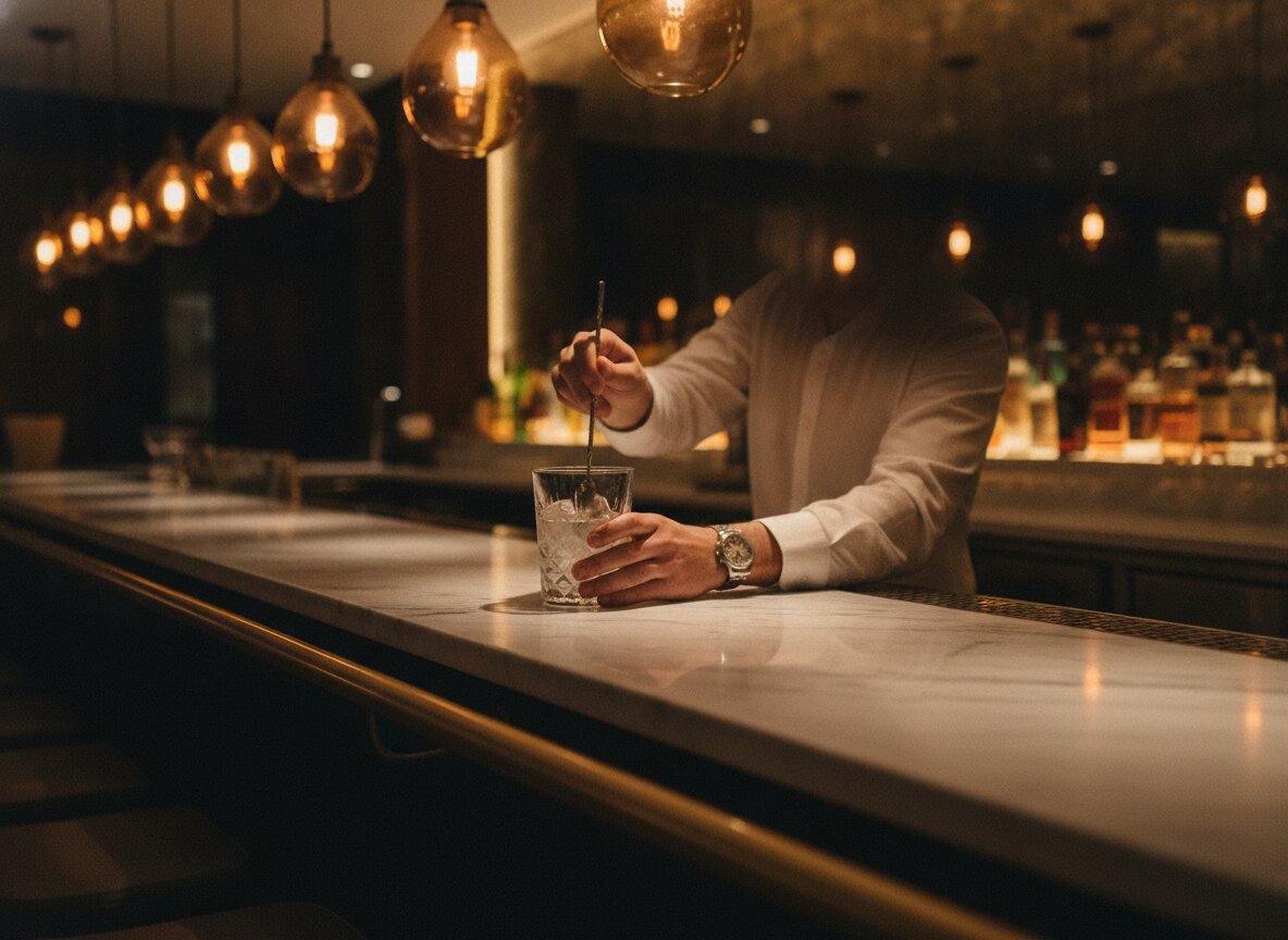 The marble bar at Rowe's, amber lamps and a bartender stirring a drink