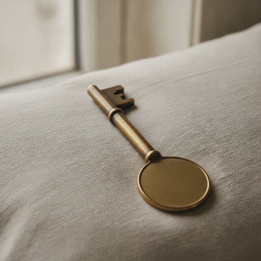 A brass room key resting on a linen pillow