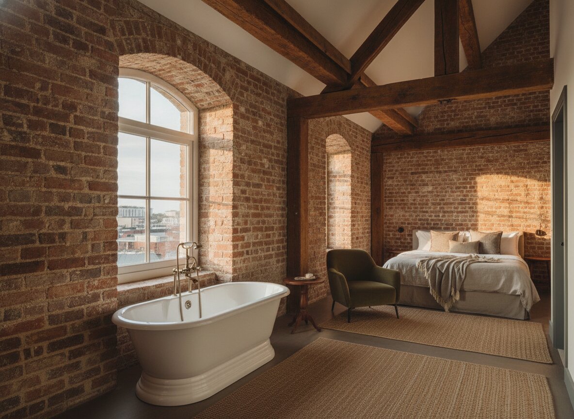 The Loft, top-floor suite with exposed brick and a clawfoot tub by the window