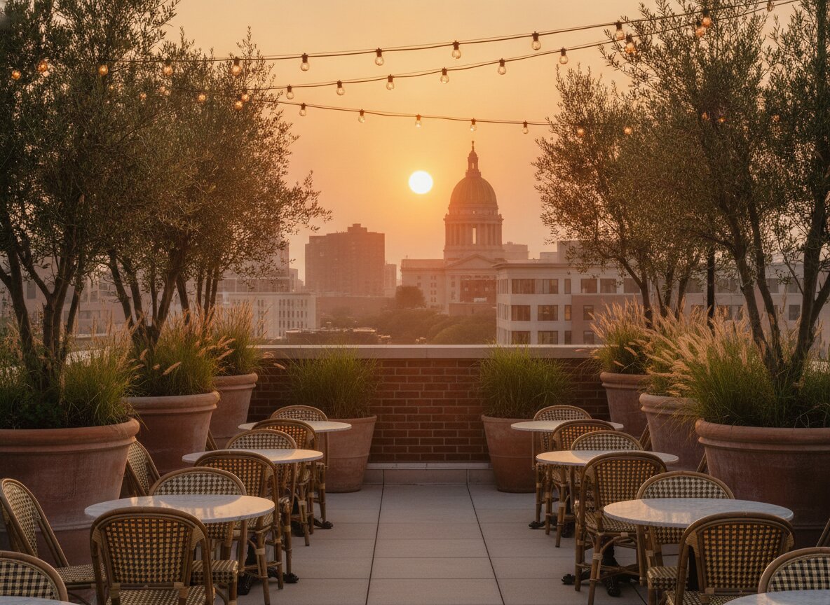 The Rooftop at sunset, planters and string lights over downtown roofs
