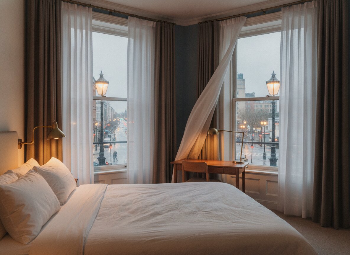 A Corner room at dusk, two walls of tall windows over the street and a linen king bed
