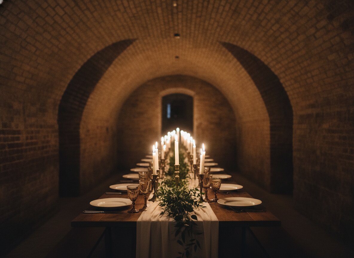 The brick Cellar set for a candlelit dinner