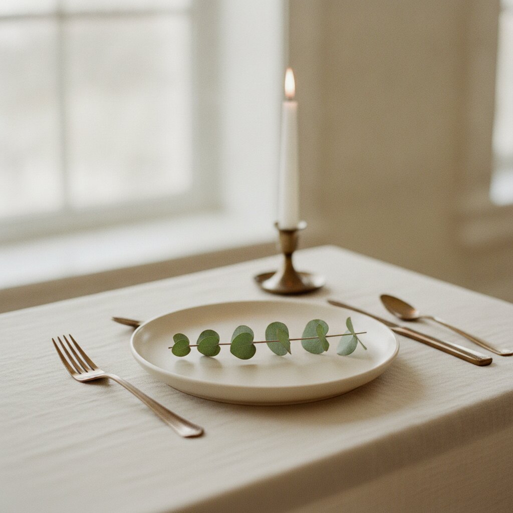 A place setting with bronze cutlery and a sprig of greenery