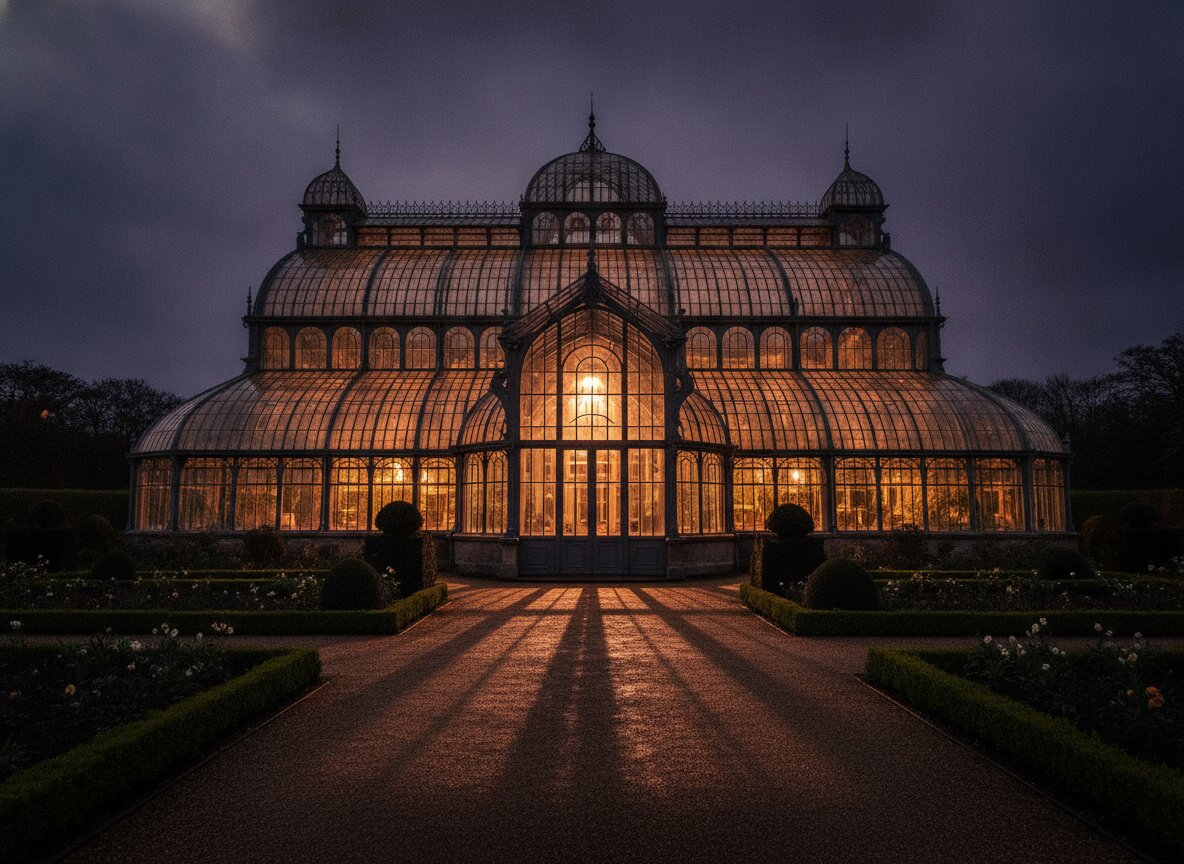 The glasshouse glowing at dusk from the gravel walk