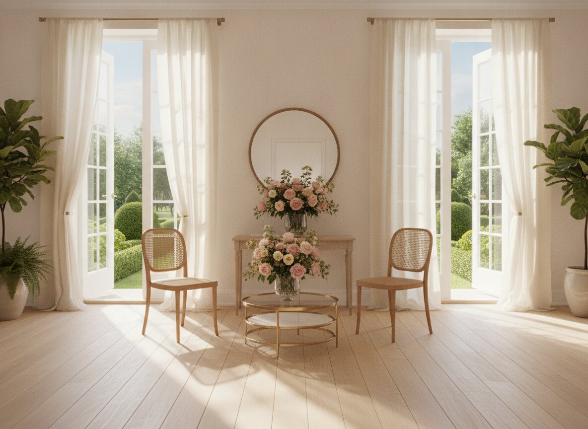 The Garden Room with french doors open to the hedges