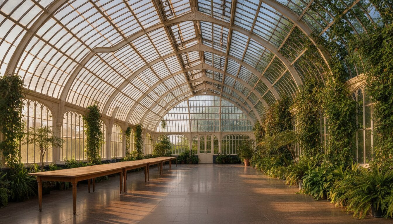 Inside the Glasshouse, iron ribs and glass overhead