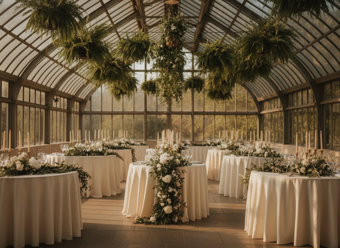 Round tables set under the glass roof with taper candles