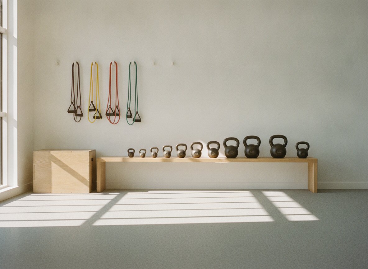 The sunlit rehab corner: kettlebells, bands, and a plyo box