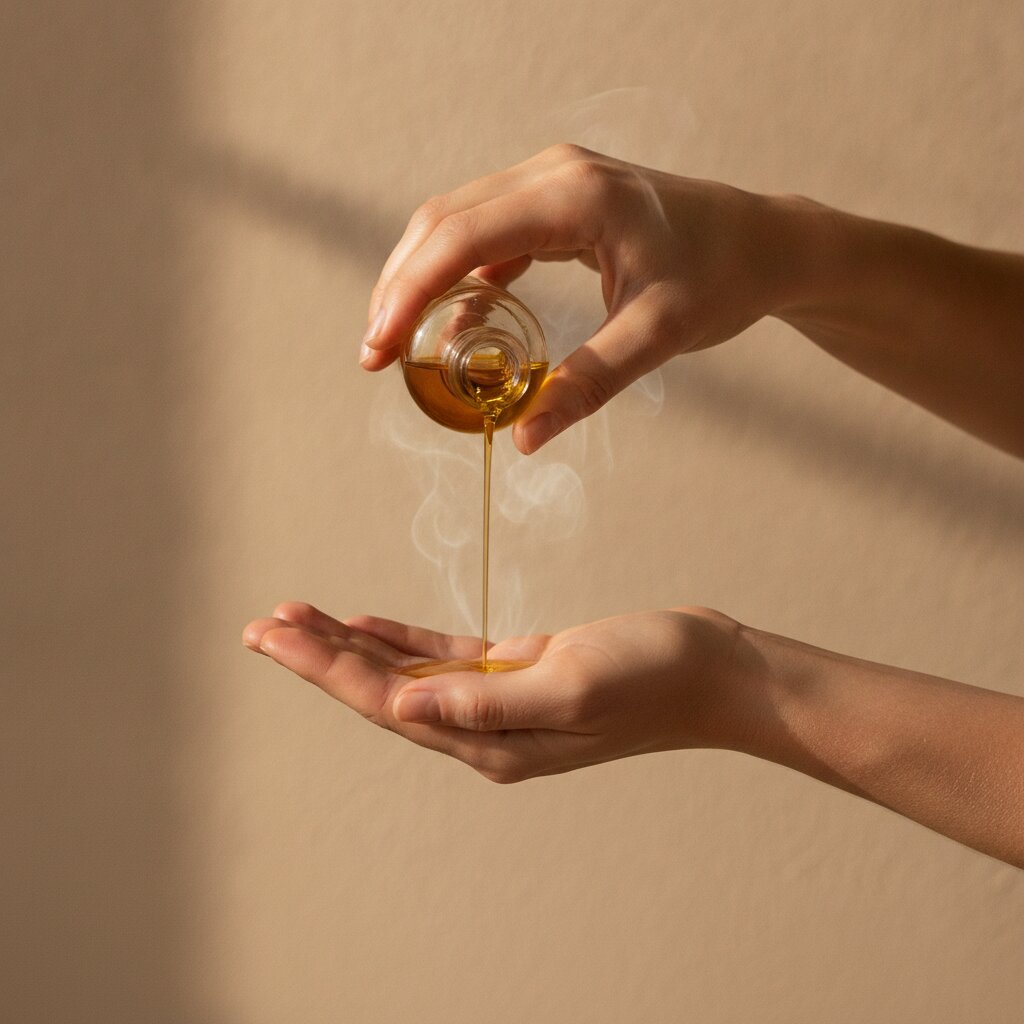 Hands pouring massage oil into an open palm in warm light