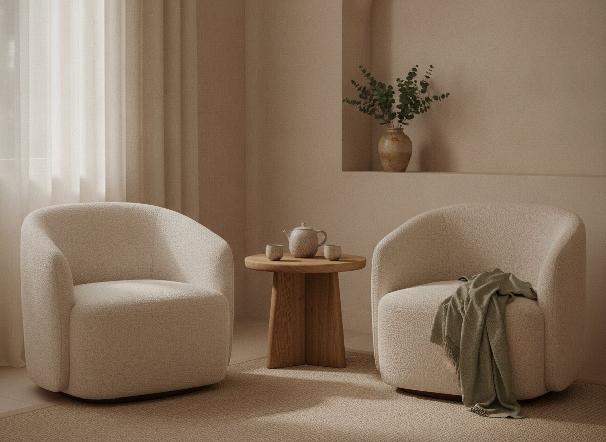 Post-treatment lounge with soft chairs and a teapot