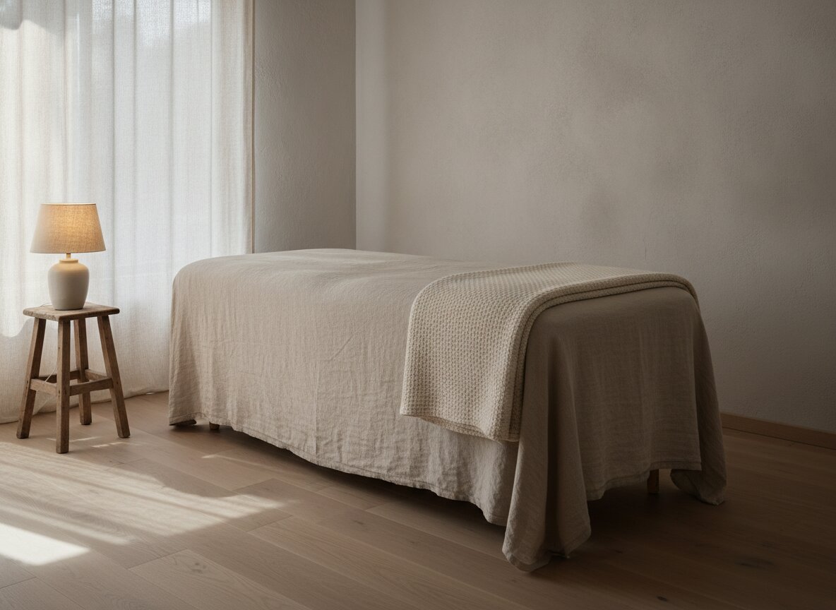 Massage room with a linen-dressed table and a warm lamp