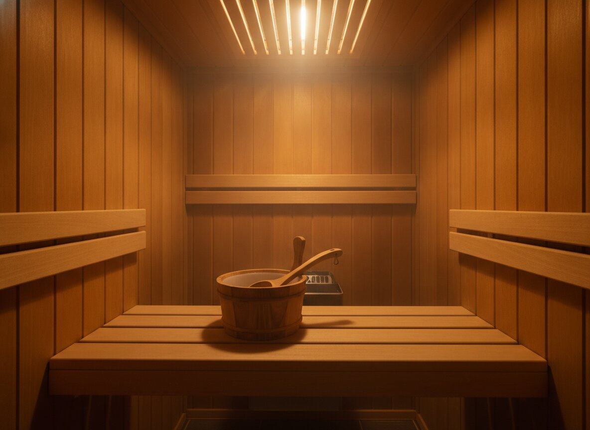Cedar sauna interior glowing with warm light