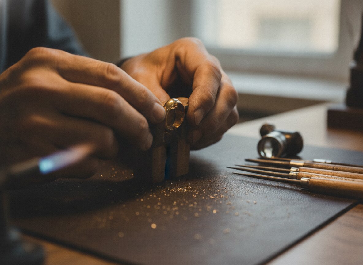 A jeweler's hands at the bench, a ring held in a clamp beside a loupe, files and a small torch flame