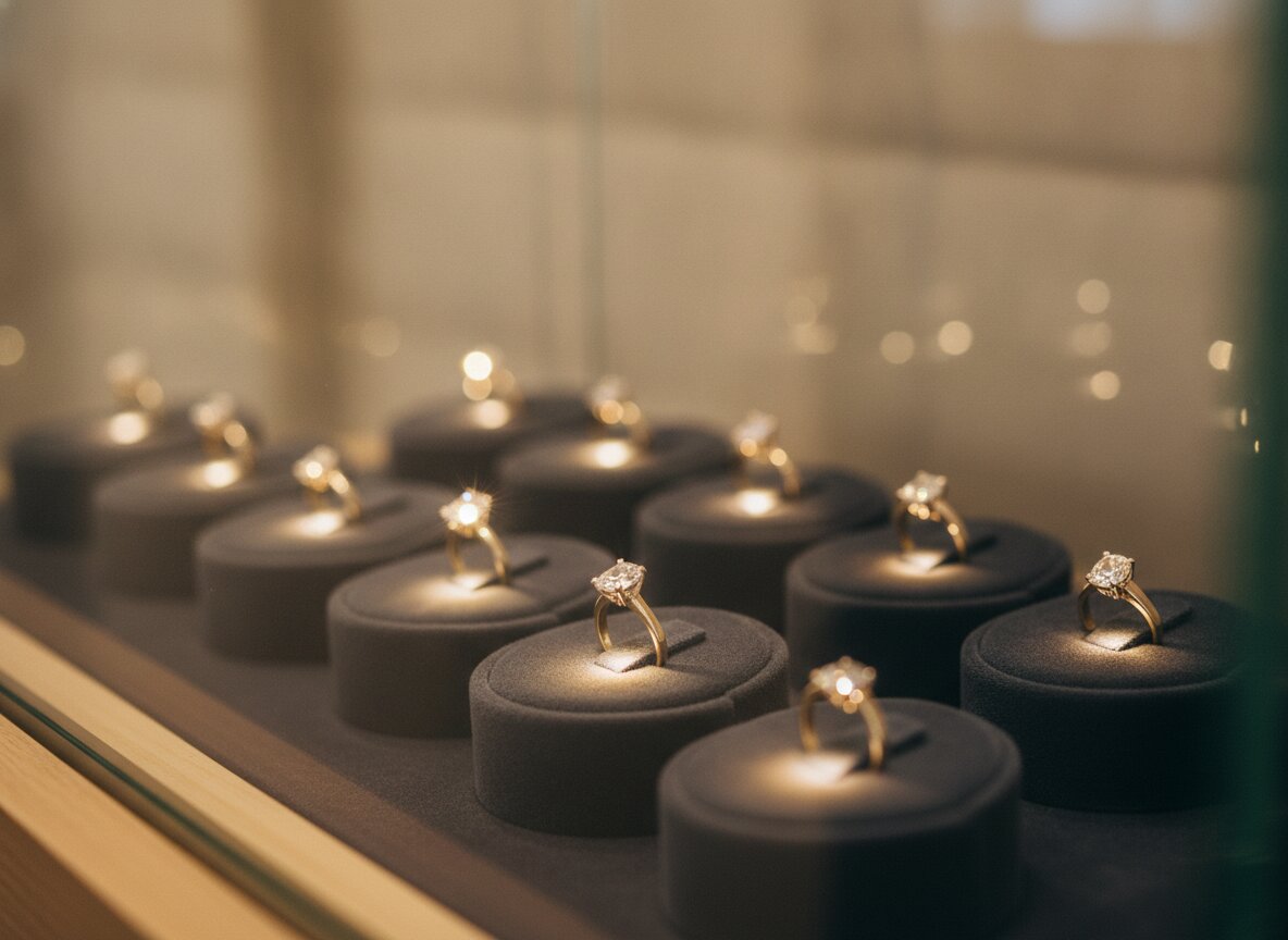 Rings and gold bands on charcoal velvet inside a lit display case