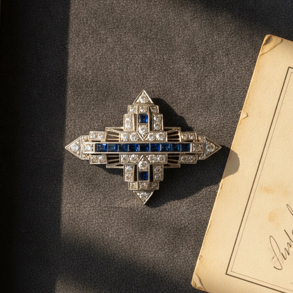An art-deco platinum brooch on a tray of charcoal velvet