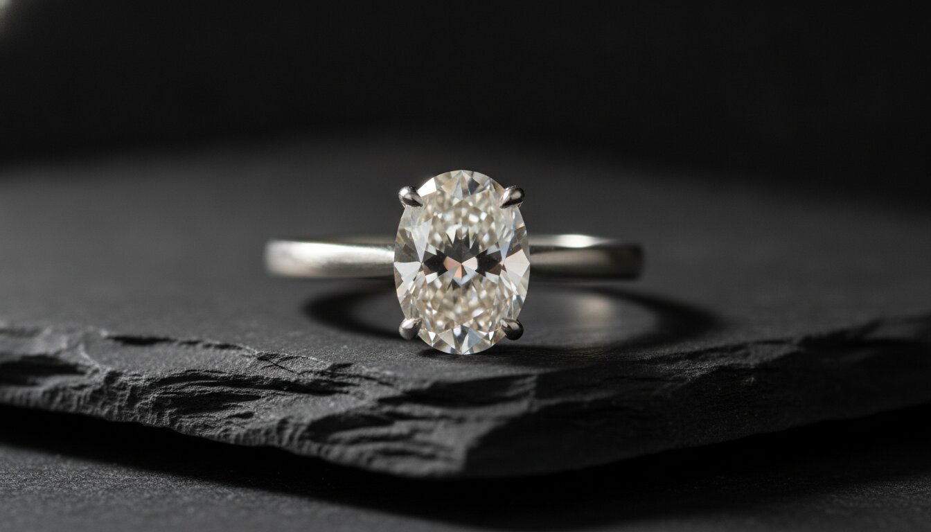 A solitaire engagement ring standing on a slab of dark stone under a single soft light