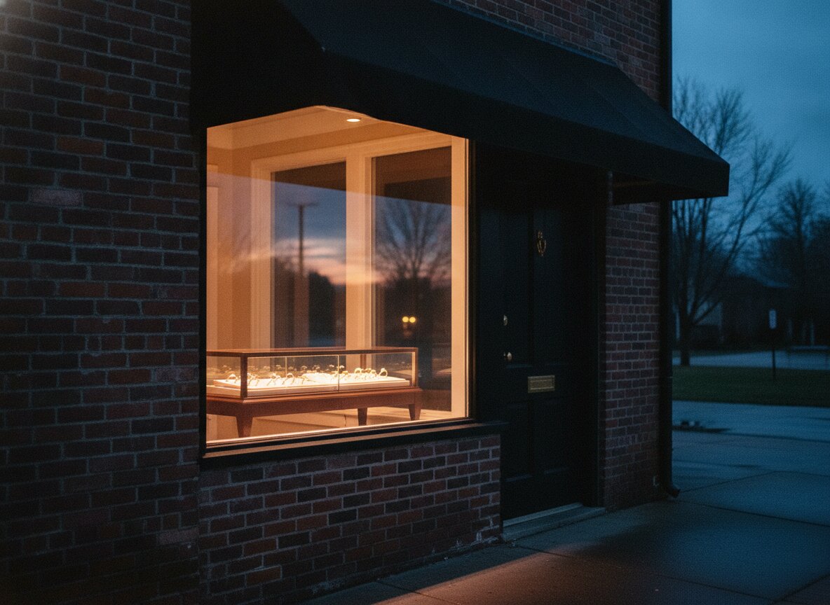 The Bezel storefront at dusk, a brick front with a black awning and a glowing window