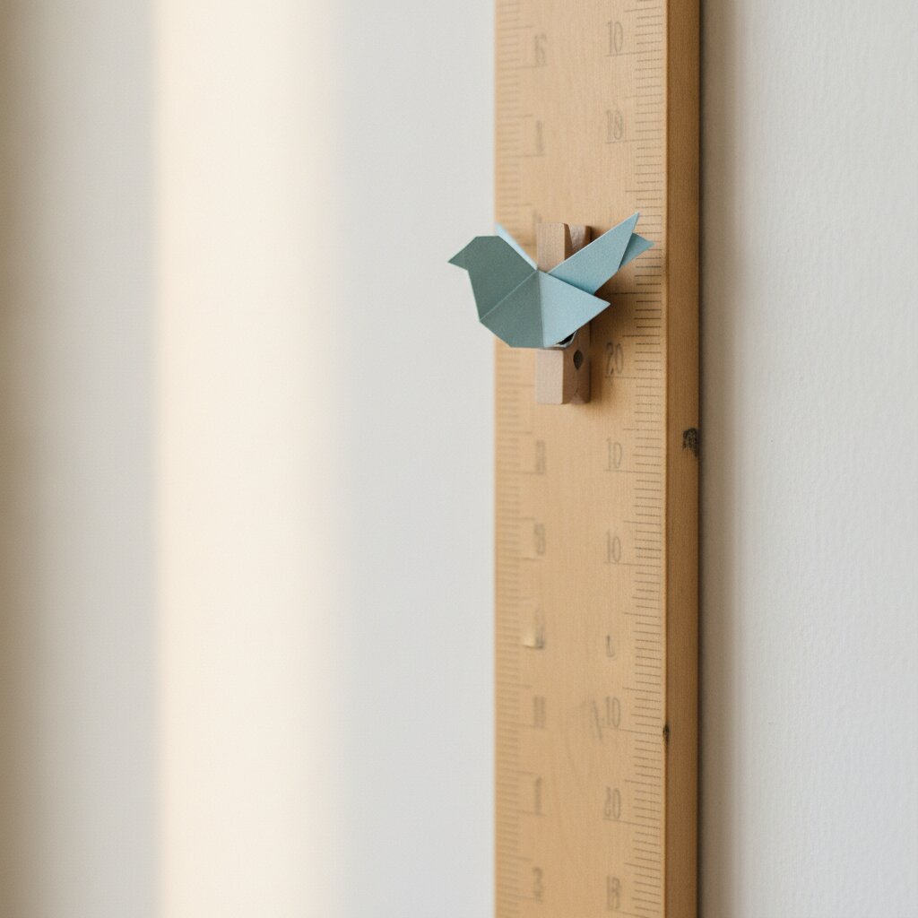 A wooden growth chart ruler on the wall with a small paper bluebird clipped to it