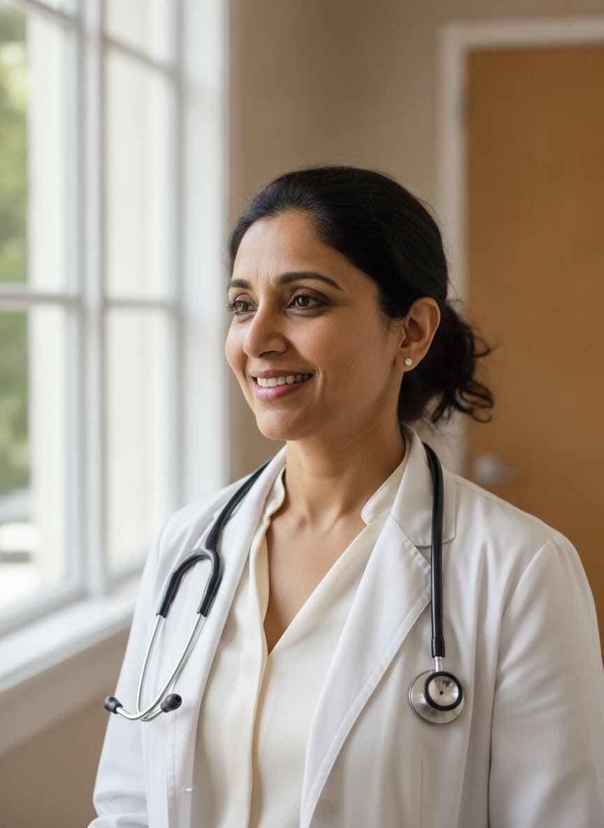 Dr. Priya Rao, pediatrician, in a white coat with a stethoscope