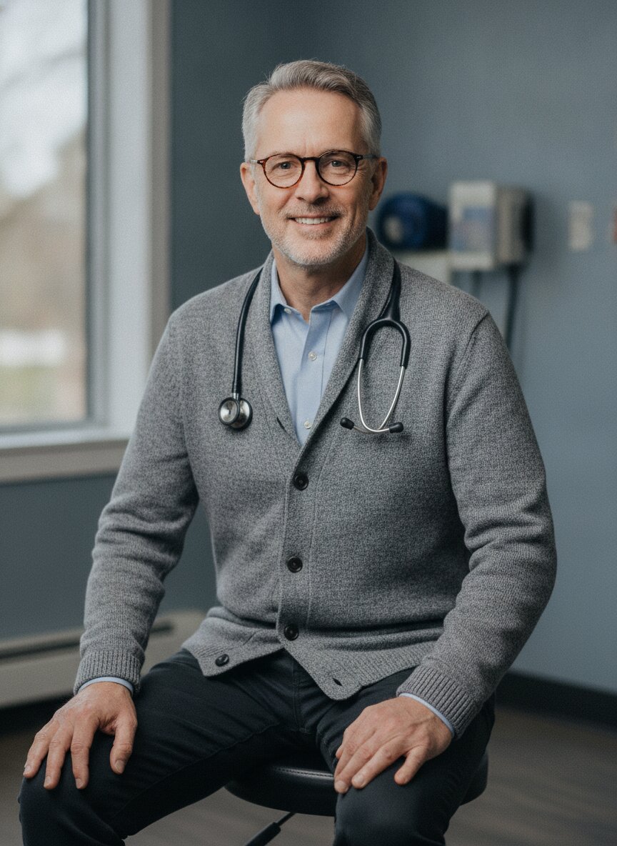 Dr. Thomas Whitlock, pediatrician, in a cardigan and glasses