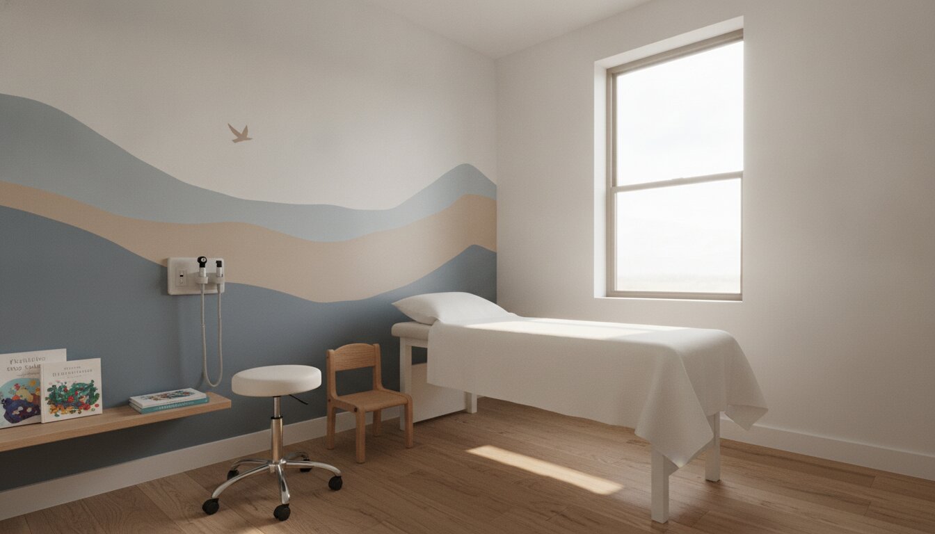 A bright Bluebird exam room with a soft mural, a small chair, and a big window