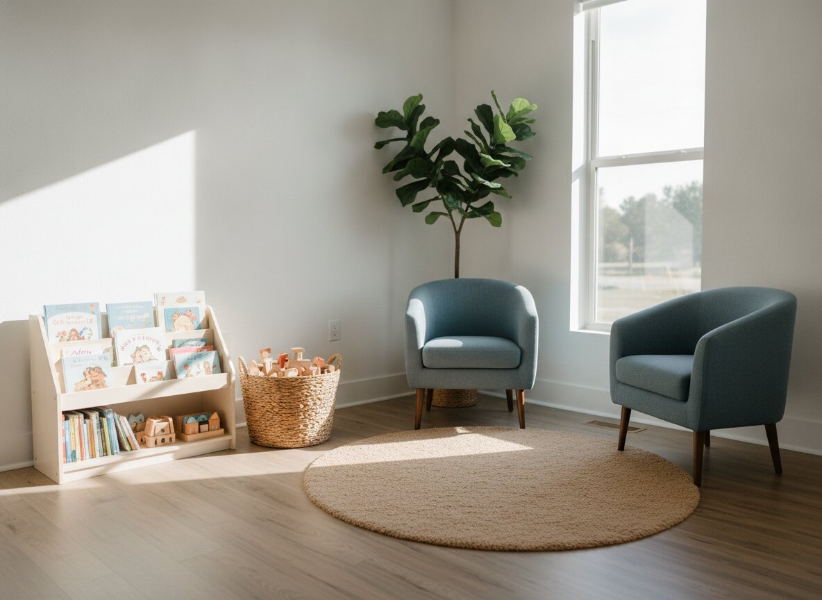 The Bluebird waiting room in morning light, with a low bookshelf and a basket of toys