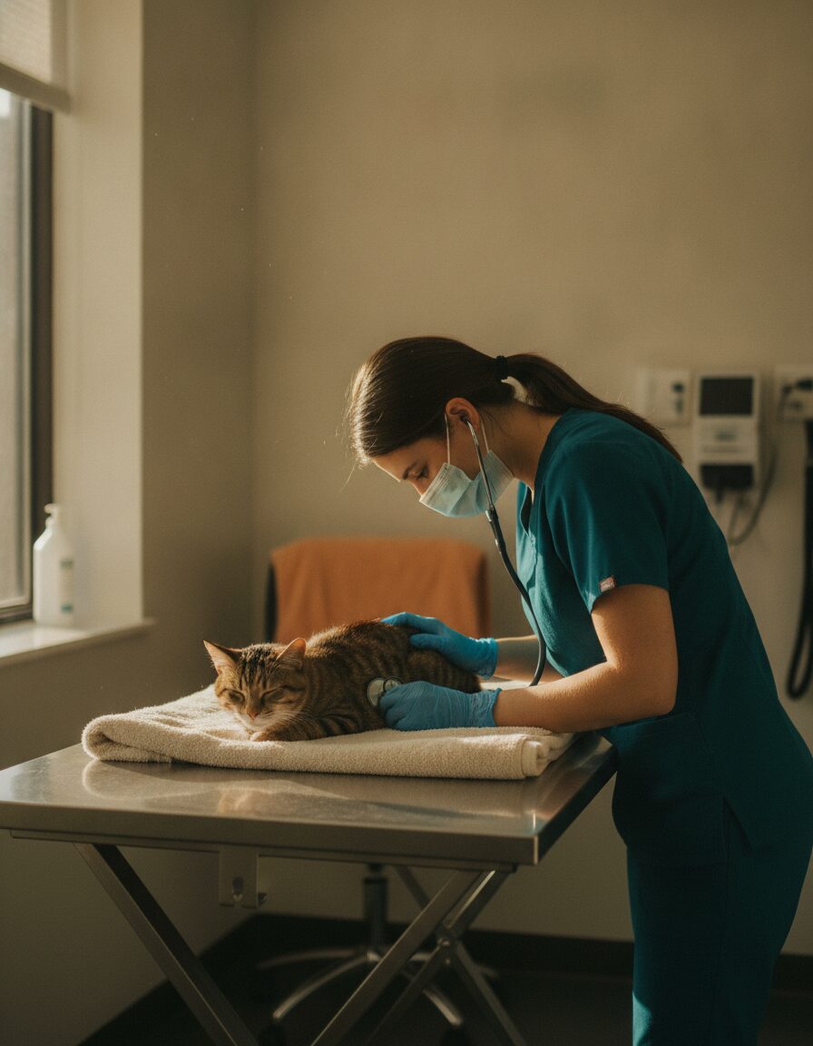 A tabby cat sitting calmly on a towel on the exam table while a veterinarian listens with a stethoscope